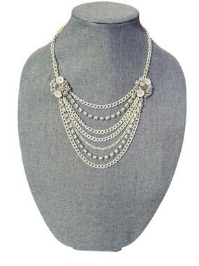 VTG Betsey Johnson Enameled Layered Chain Necklace Rhinestones & Floral Bridal